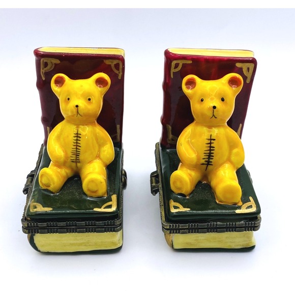 Vintage Teddy Bear Book End Treasure Trinket Boxes Mini Ceramic Hinged Lot of 2 - Picture 1 of 8